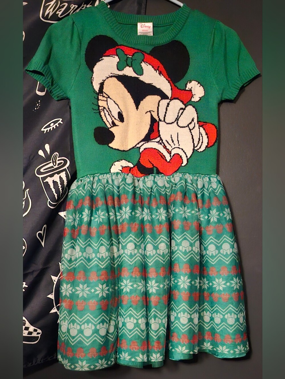 Disney Minnie Mouse Green Christmas Sweater Dress Girls Large 10-12